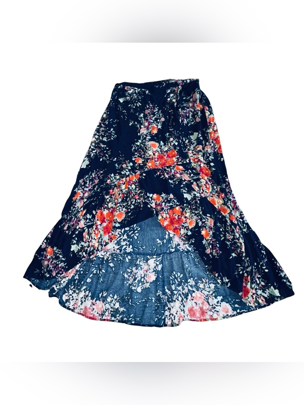 On The Road Navy High-Low Floral Skirt with Coral and Pink Blooms size large